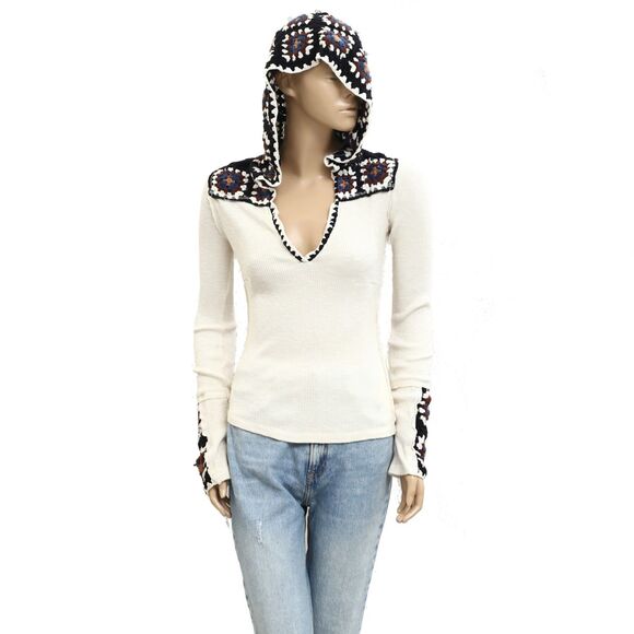 Free People Roswell Cuff Blouse Top Hoodie Crochet Ribbed Long Sleeve S 282404 - Picture 5 of 11